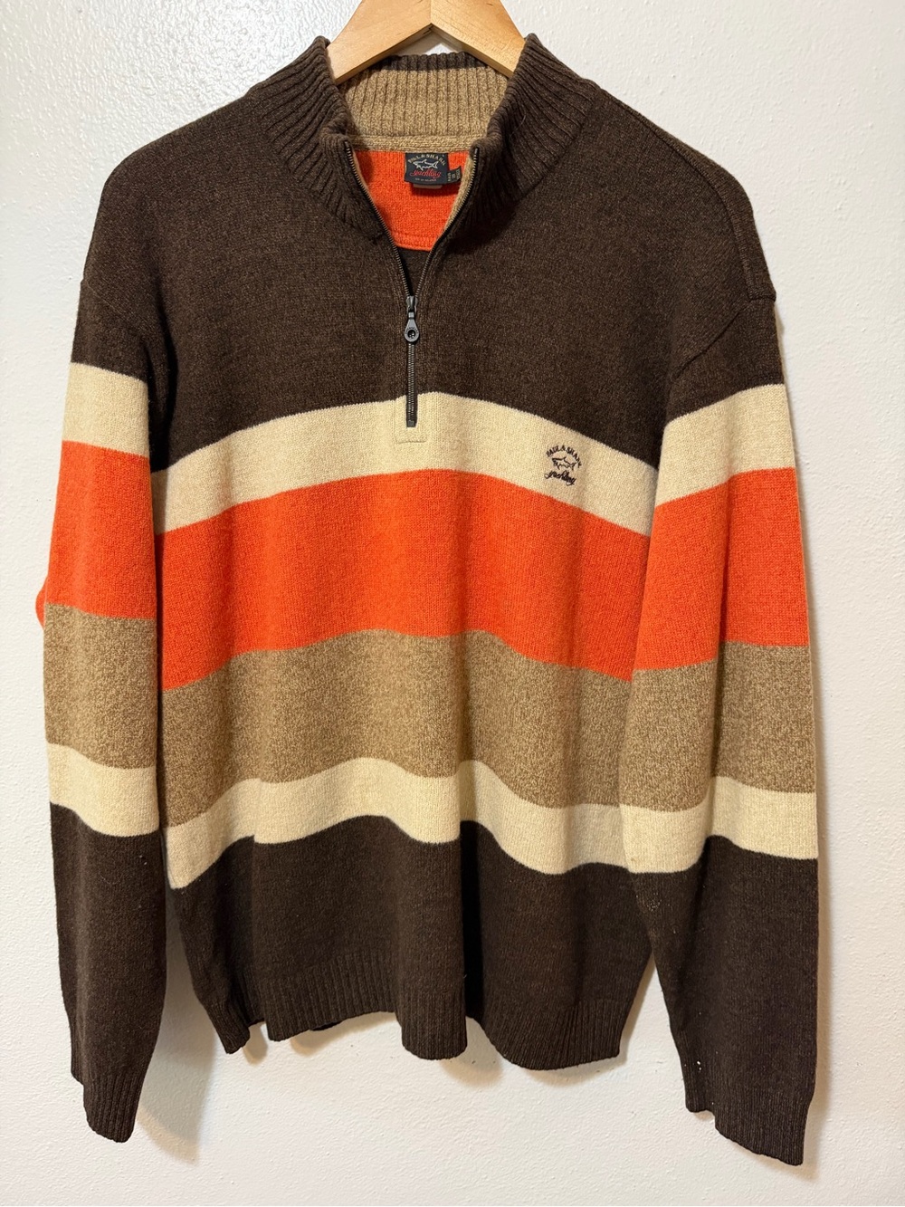 Vintage PAUL & SHARK Men's Sweater L MADE IN ITALY 1/4 Zip Brown Orange MERINO